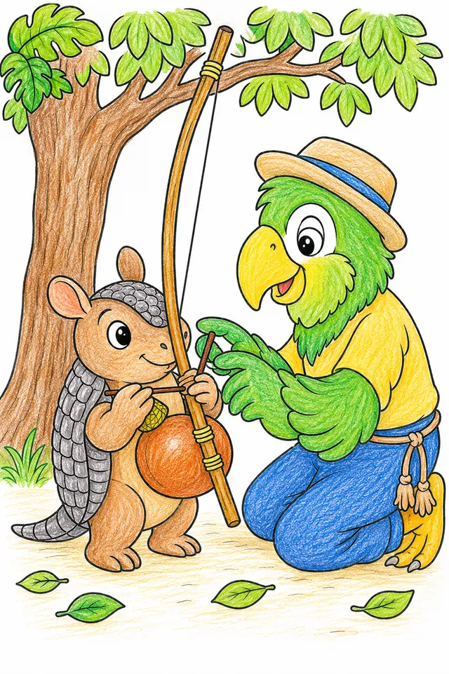 Ausmalbild: Kleines Tier-Kind versucht hochkonzentriert ein fast so großes Berimbau wie es selbst zu spielen