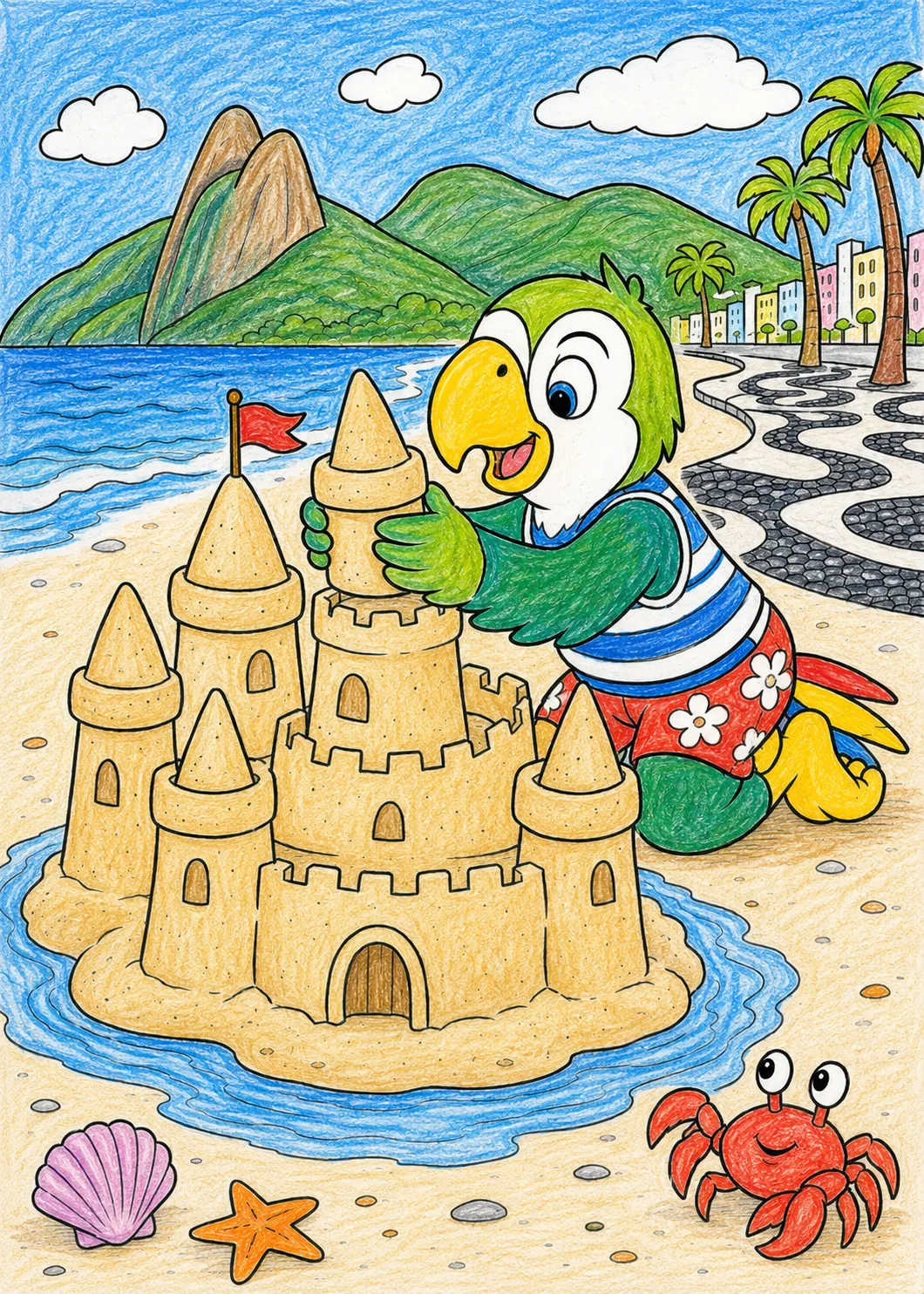 Kleines Kind baut eine Sandburg am Copacabana-Strand