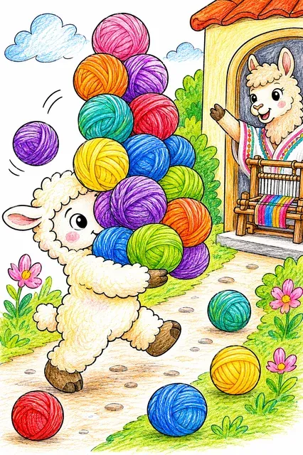 Ausmalbild: Kleines Tier-Kind trägt einen so hohen bunten Stapel Wollknäuel dass es nicht darüber sehen kann