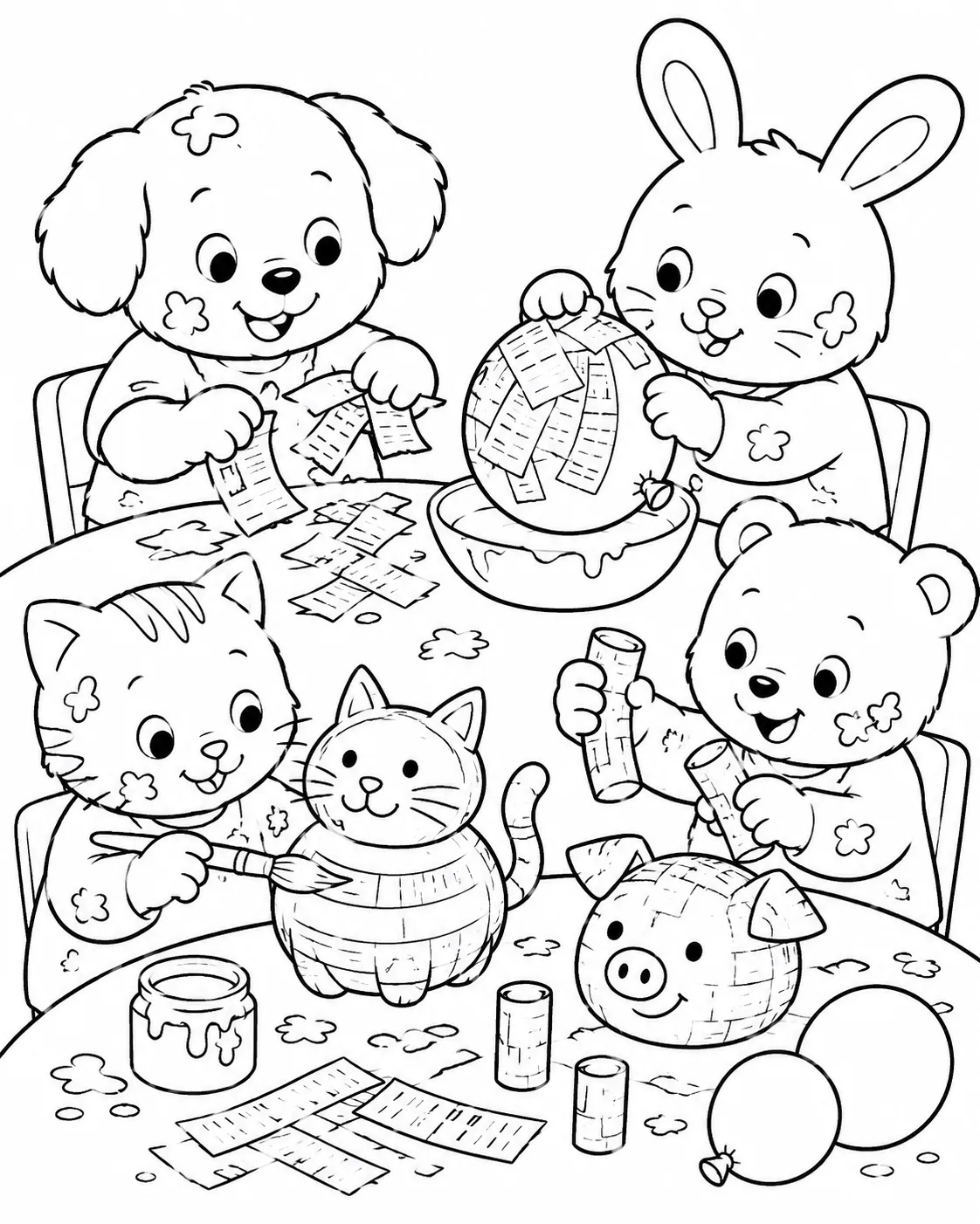 Ausmalbild: Gruppe von Tier-Kindern bastelt fröhlich bunte Papier-Maché-Tiere am Tisch voller Kleister und Zeitungspapier
