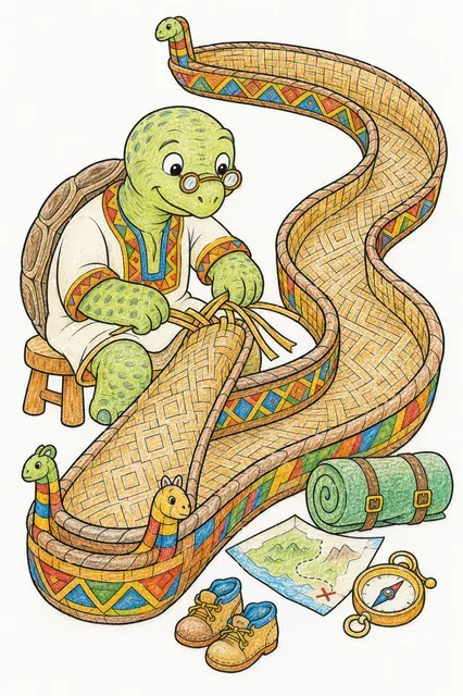 涂色页：动物编篮工匠编织一只带有几何图案的长篮子，在整个房间里弯曲
