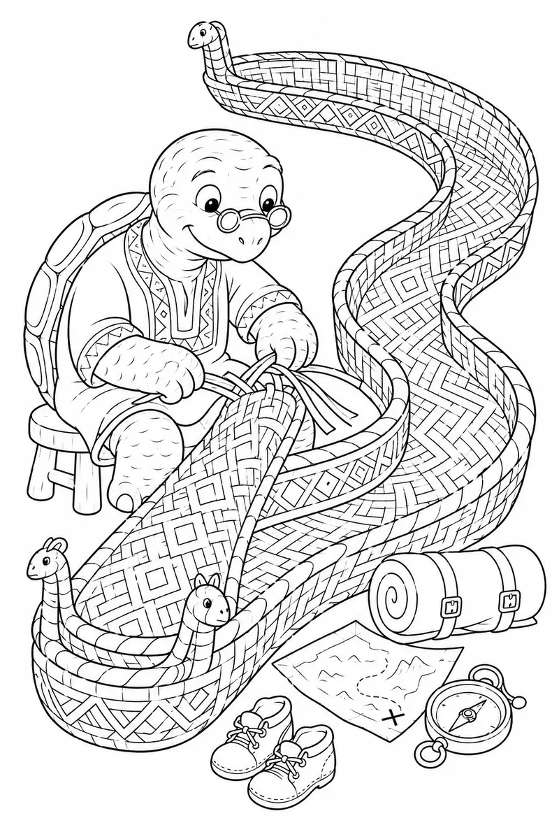 涂色页：动物编篮工匠编织一只带有几何图案的长篮子，在整个房间里弯曲