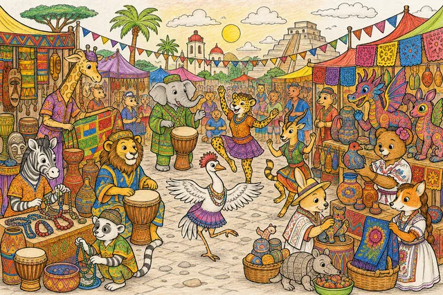 Ausmalbild: Großes Panorama-Wimmelbild eines Kunstmarkts wo afrikanische und lateinamerikanische Tier-Kunsthandwerker zusammenkommen