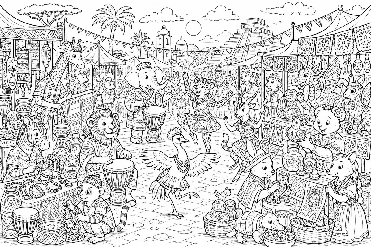 Ausmalbild: Großes Panorama-Wimmelbild eines Kunstmarkts wo afrikanische und lateinamerikanische Tier-Kunsthandwerker zusammenkommen