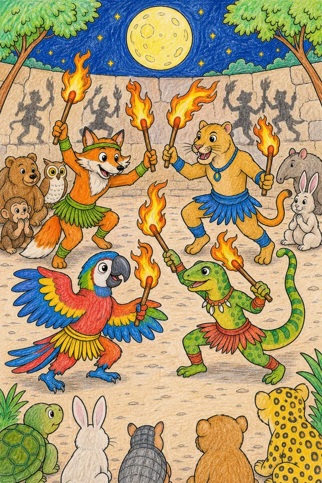 Ausmalbild: Tier-Tänzer halten bei Vollmond Feuerstäbe die Lichtbögen in die Dunkelheit zeichnen
