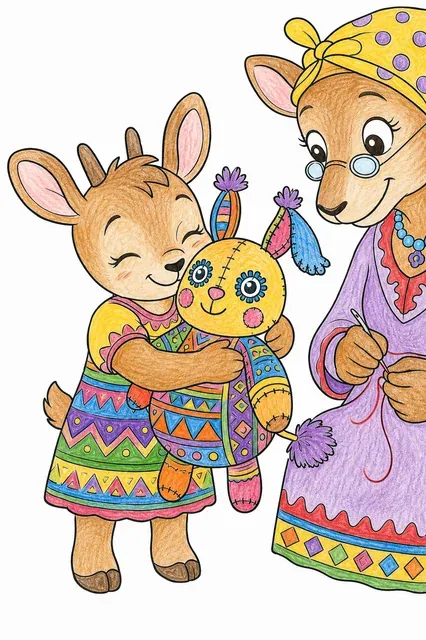 Ausmalbild: Kleines Tier-Mädchen umarmt sein geliebtes handgenähtes buntes Stofftier mit traditionellen afrikanischen Mustern