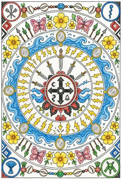 Ausmalbild: Reichhaltiges Candomblé-Orixá-Mandala mit Symbolen von Yemanjá Xangô Ogum Oxum und Oxossi