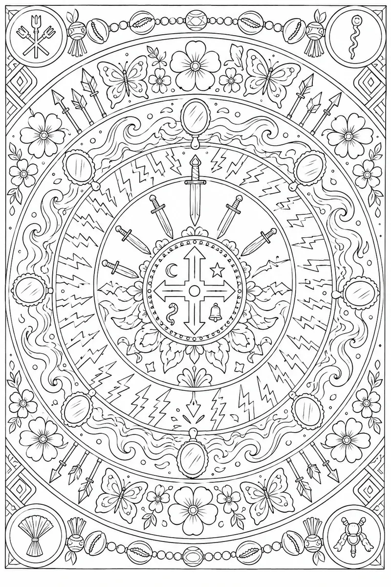 Coloring page: rich Candomblé Orixá mandala with symbols of Yemanjá Xangô Ogum Oxum and Oxossi