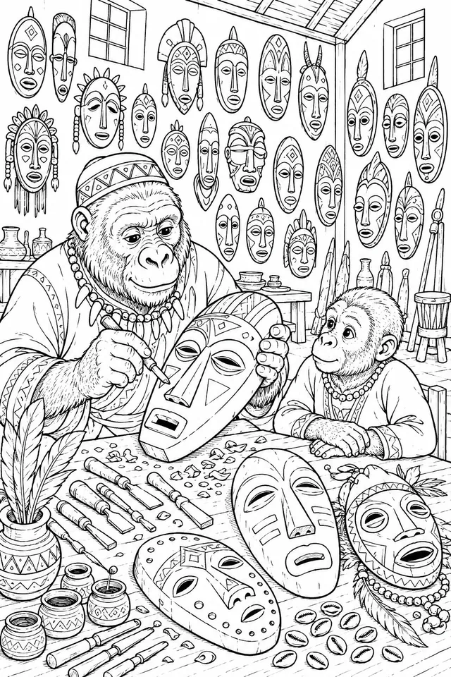 Afrikanische Masken-Werkstatt voller Masken