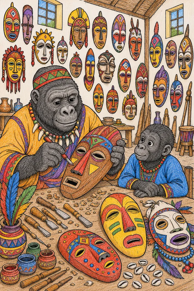 Ausmalbild: Afrikanische Masken-Werkstatt mit Meister-Schnitzer und Wänden voller verschiedener traditioneller Masken