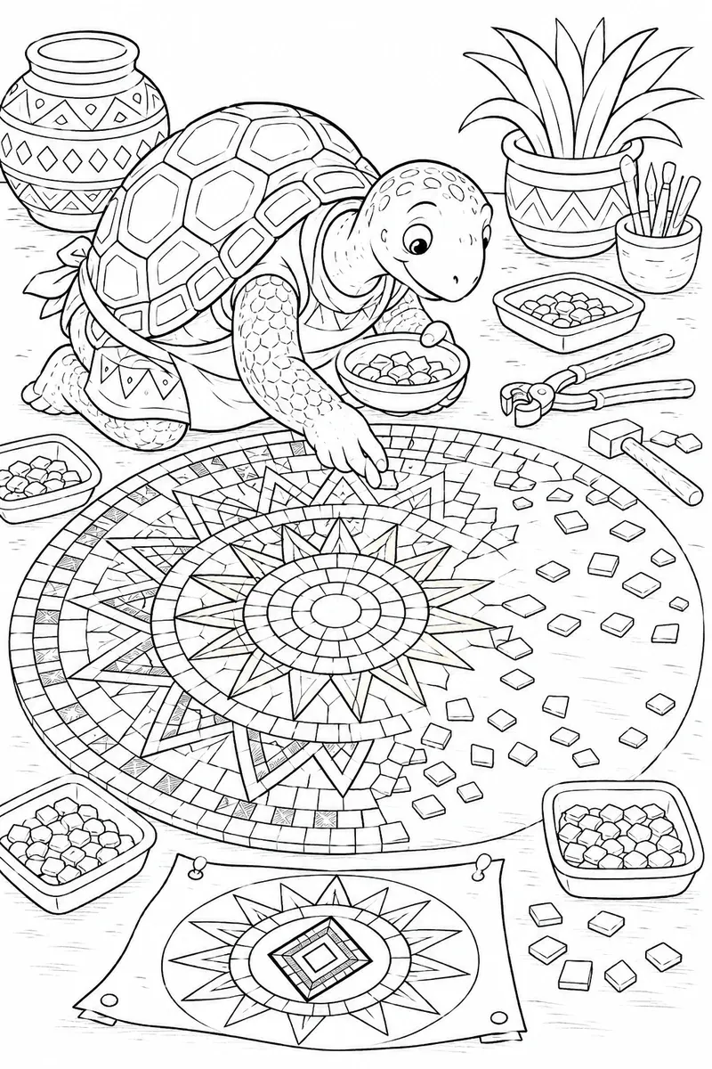 Ausmalbild: Tier-Mosaik-Künstler kniend beim Legen eines großen afrikanischen Musters aus kleinen bunten Steinplättchen