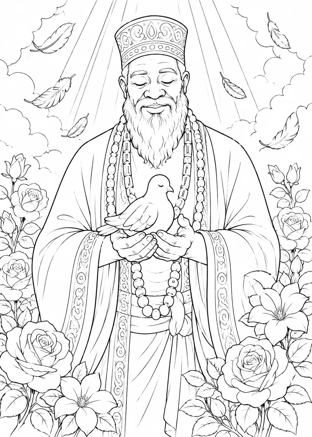 涂色页：穿着白色长袍的庄严奥沙拉形象轻轻捧着白鸽，被光和羽毛环绕