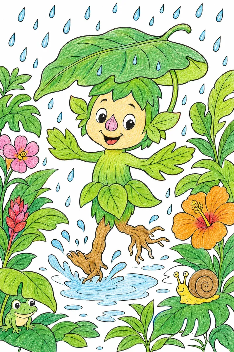 Pflanzenkind trägt seinen Blatt-Hut im Regen