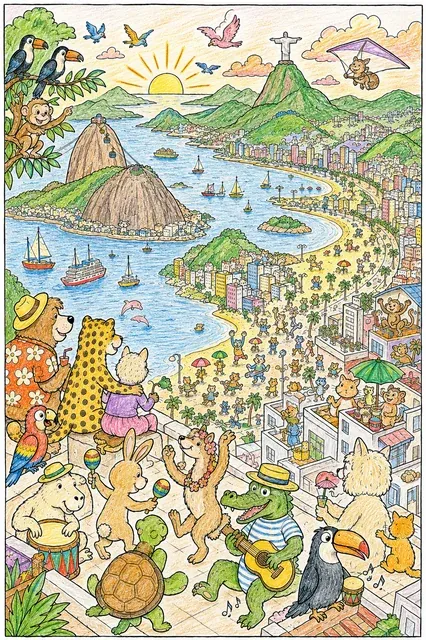 Ausmalbild: Wimmelbild der Rio-Bucht aus der Vogelperspektive mit Zuckerhut Christusstatue und Tier-Silhouetten