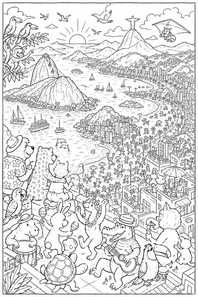 涂色页：从鸟瞰角度看里约湾的寻找图，有糖面包山、基督像和动物剪影
