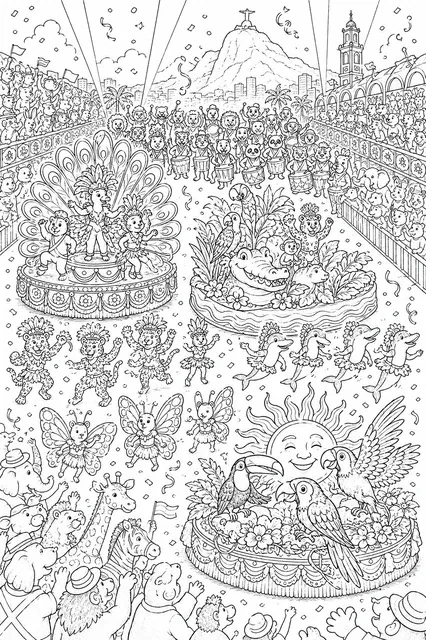 Rio-Karneval-Wimmelbild mit bunten Tier-Charakteren