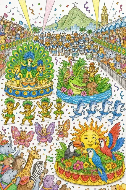 Ausmalbild: Farbenprächtige Tier-Sambaschule paradiert beim Rio-Karneval mit Wagen Kostümen und 200 Trommler-Tieren