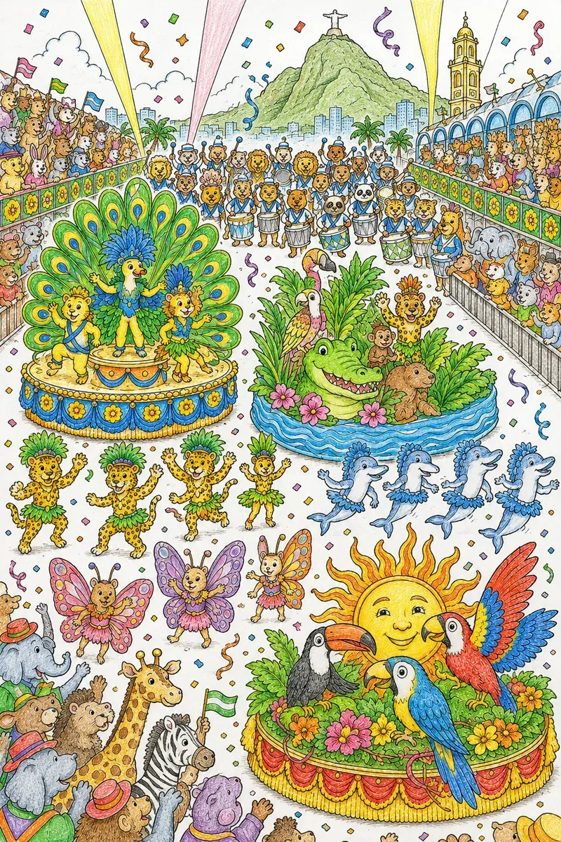 Rio-Karneval-Wimmelbild mit bunten Tier-Charakteren