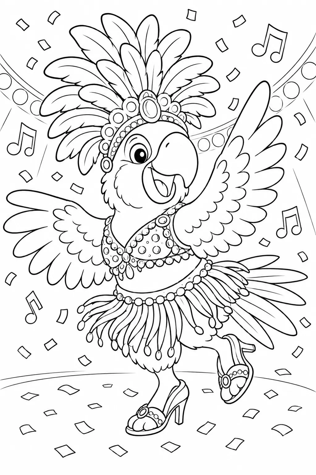 Ausmalbild: Farbenfroher Papagei tanzt im prachtvollen Samba-Karnevalskostüm mit Federn und Glitzer