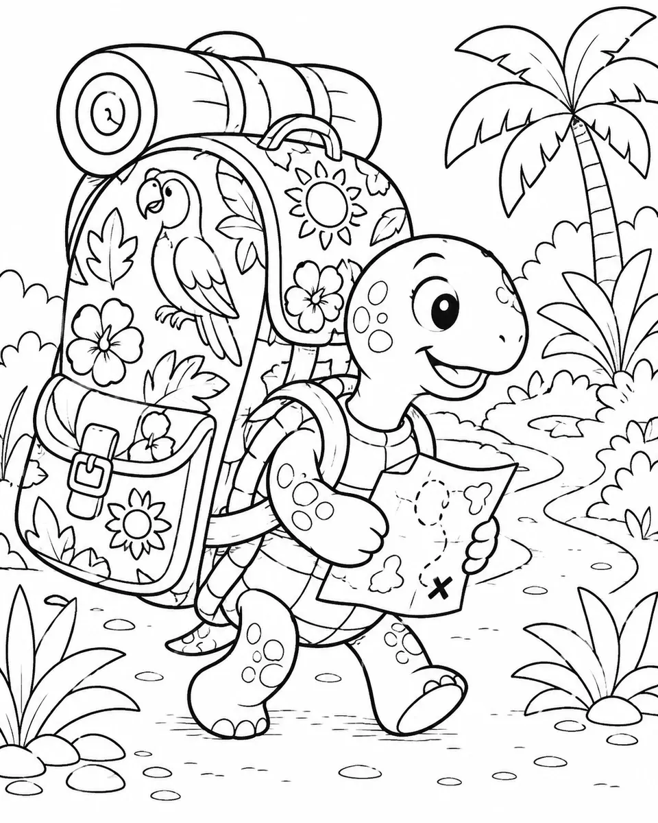 Ausmalbild: Entschlossene kleine Schildkröte trägt einen fast so großen Rucksack wie sie selbst mit tropischen Mustern