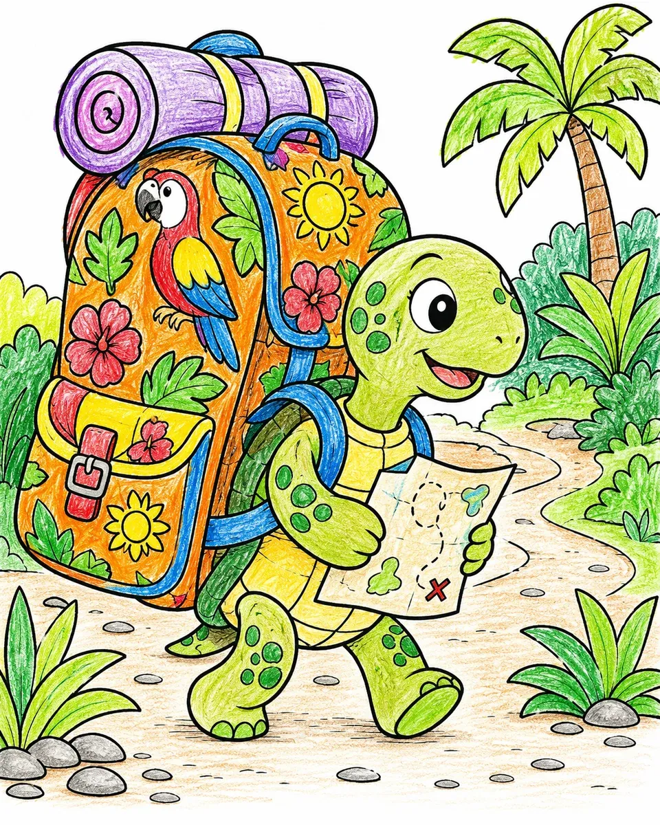 Kleine Schildkröte trägt einen bunten Rucksack