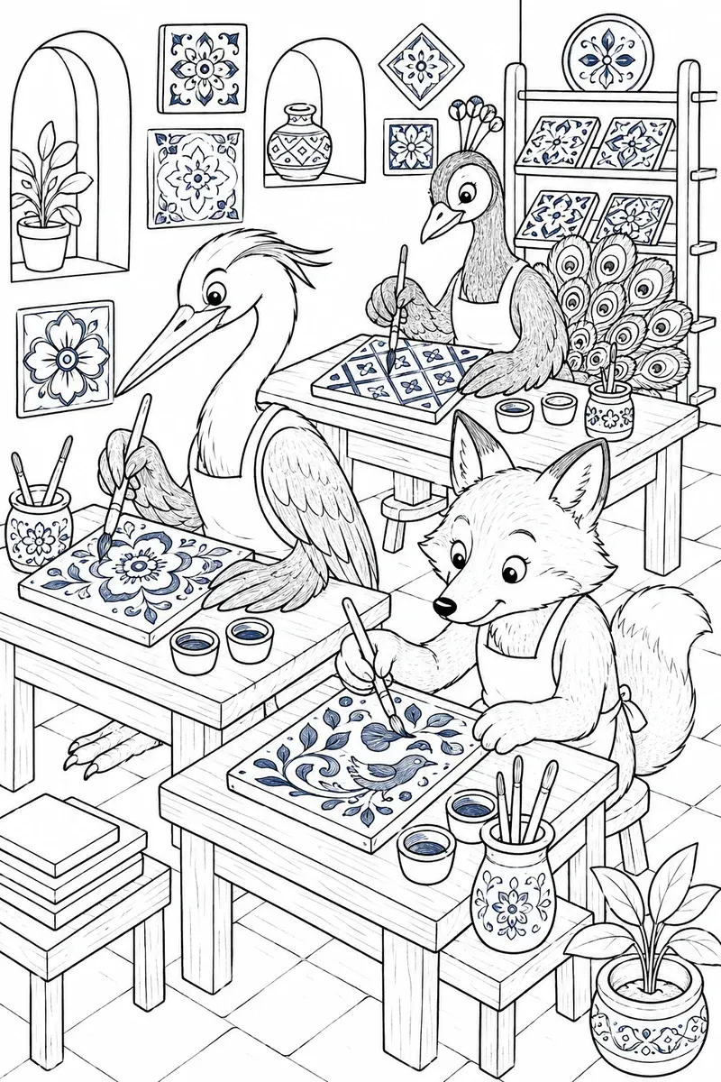 涂色页：动物画家在工作室里用细画笔在白色塔拉维拉陶瓷砖上绘制蓝色图案