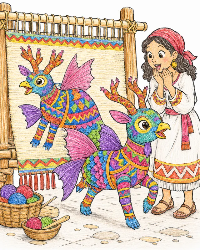 涂色页：由彩色图案编织的神奇动物生物从织布机布料中半步走入现实