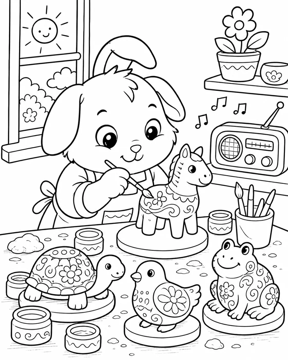 Ausmalbild: Konzentriertes Tier-Kind bemalt kleine Ton-Tierfigur mit bunten Volkskunst-Mustern am Werktisch