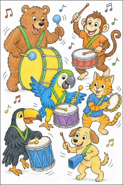 Ausmalbild: Lebhafte Gruppe von Tier-Musikern spielt verschiedene Batucada-Trommeln in vollem Rhythmus