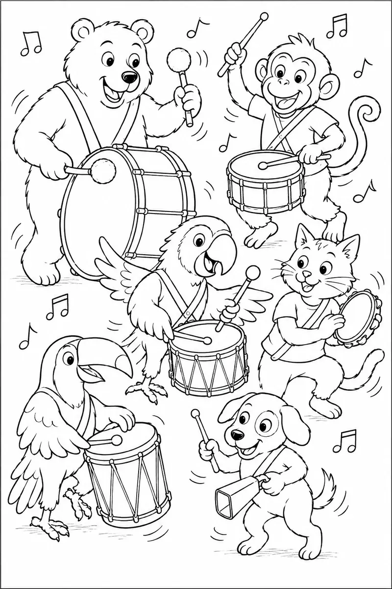 Ausmalbild: Lebhafte Gruppe von Tier-Musikern spielt verschiedene Batucada-Trommeln in vollem Rhythmus