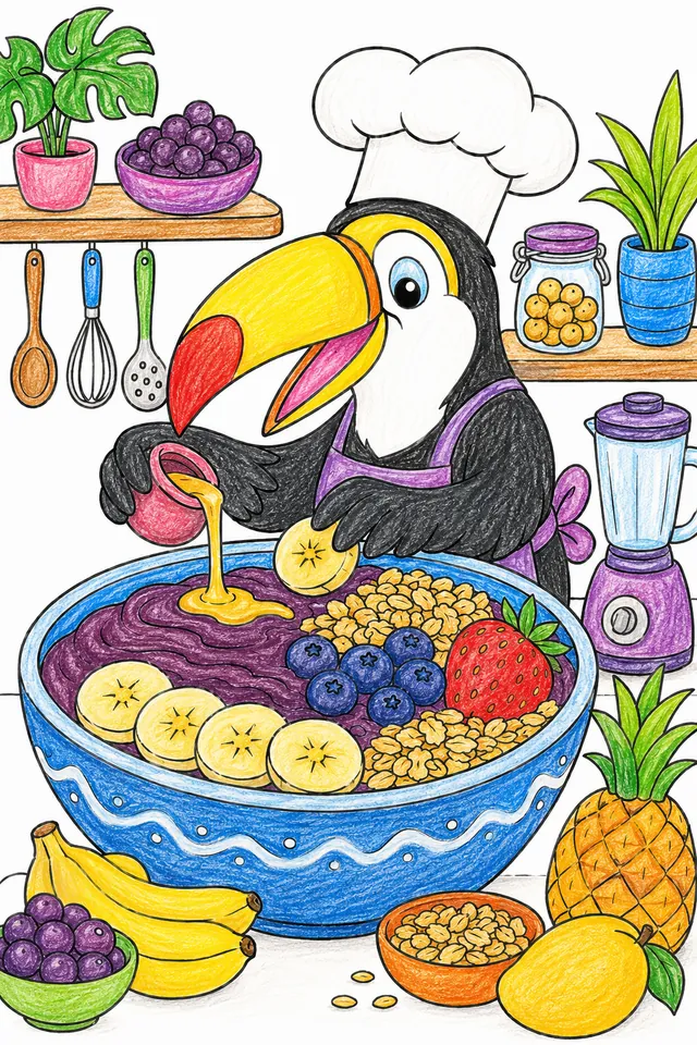 Ausmalbild: Stolzer Tukan in Kochmütze arrangiert frische Früchte auf einer großen Açaí-Schale