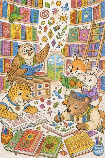 Ausmalbild: Magische Volkskunst-Bibliothek Wimmelbild mit Tier-Gelehrten und Regalen voller bunter Musterbücher
