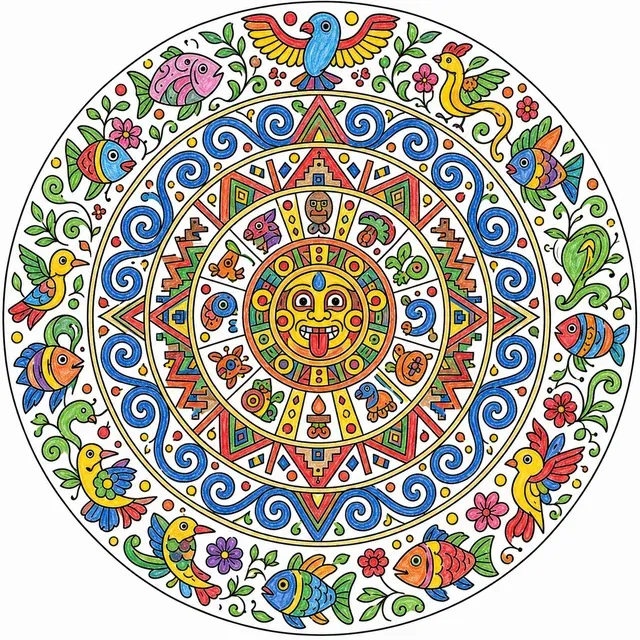 Ausmalbild: Spektakuläres rundes Volkskunst-Mandala mit konzentrischen Ringen voller lateinamerikanischer Muster und Symbole