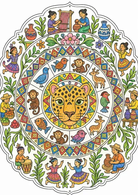 Ausmalbild: Symmetrisches Volkskunst-Tier-Mandala mit Jaguar-Gesicht im Zentrum umgeben von Tier-Figuren und volkstümlichen Mustern