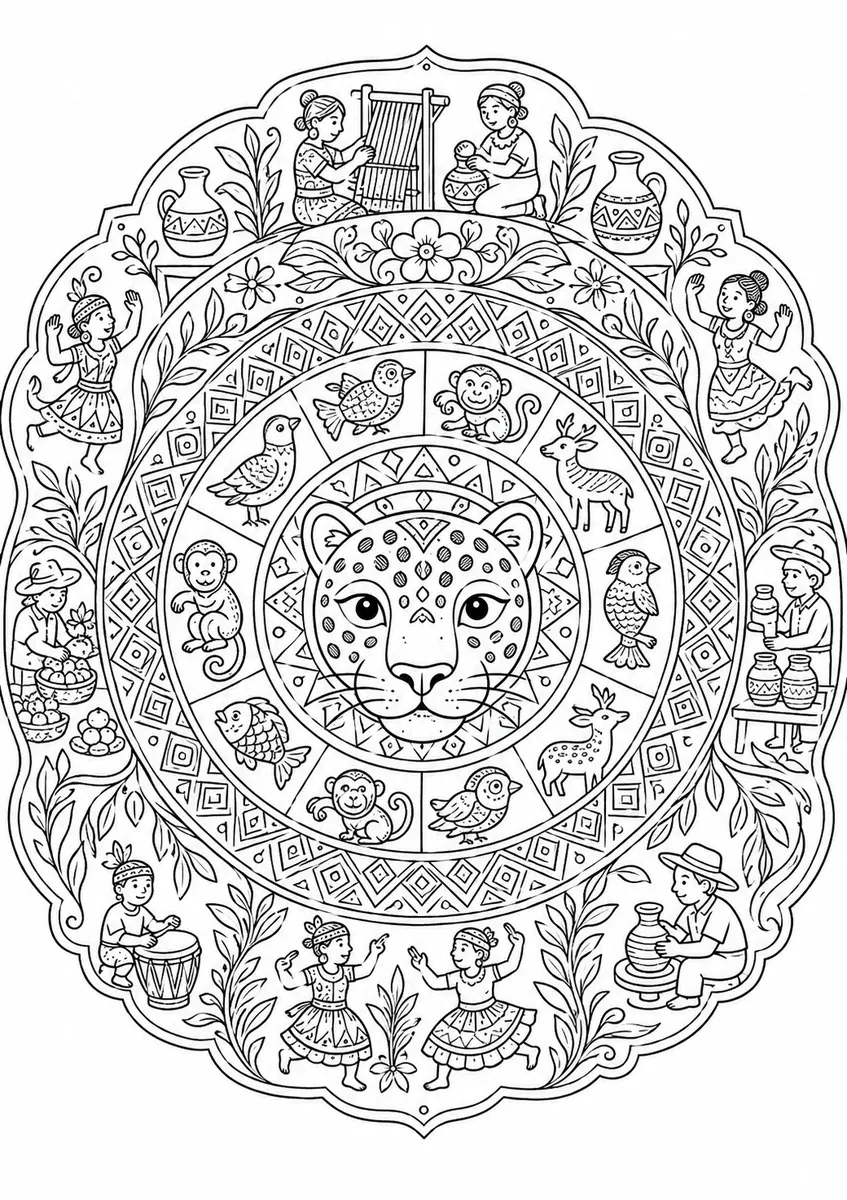 Ausmalbild: Symmetrisches Volkskunst-Tier-Mandala mit Jaguar-Gesicht im Zentrum umgeben von Tier-Figuren und volkstümlichen Mustern