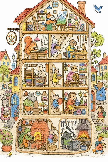 Ausmalbild: Querschnitt-Wimmelbild eines mehrstöckigen Handwerks-Gebäudes mit verschiedenen Werkstätten und Tier-Handwerkern