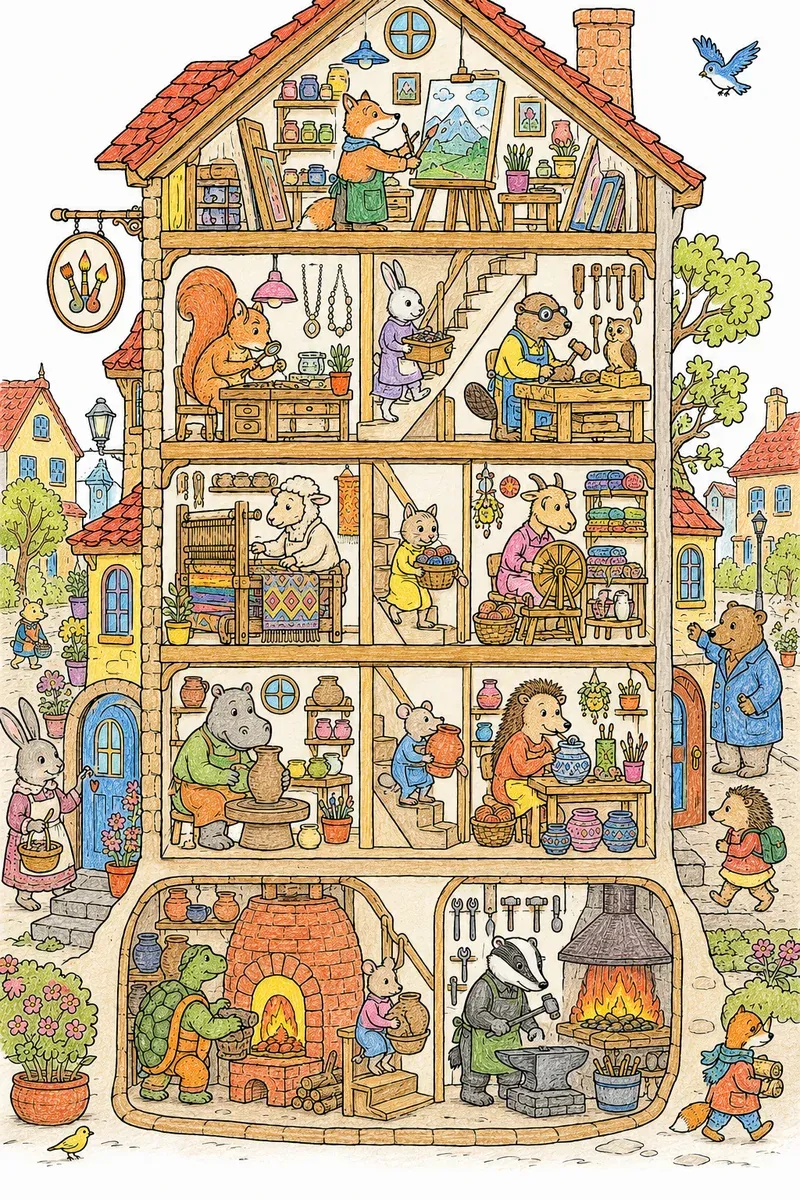 Werkstatt-Querschnitt mit vielen Tier-Handwerkern