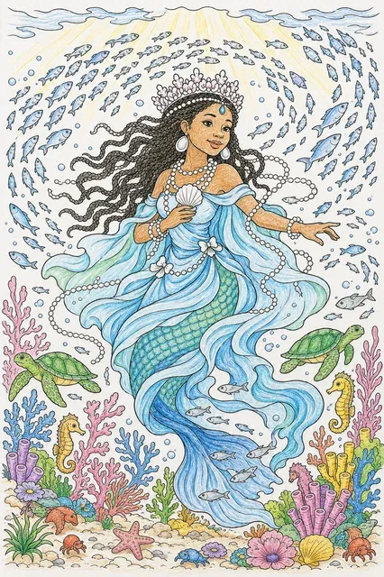涂色页：威严的叶曼雅作为海洋女王在深海中游泳，被数百条银色鱼儿环绕