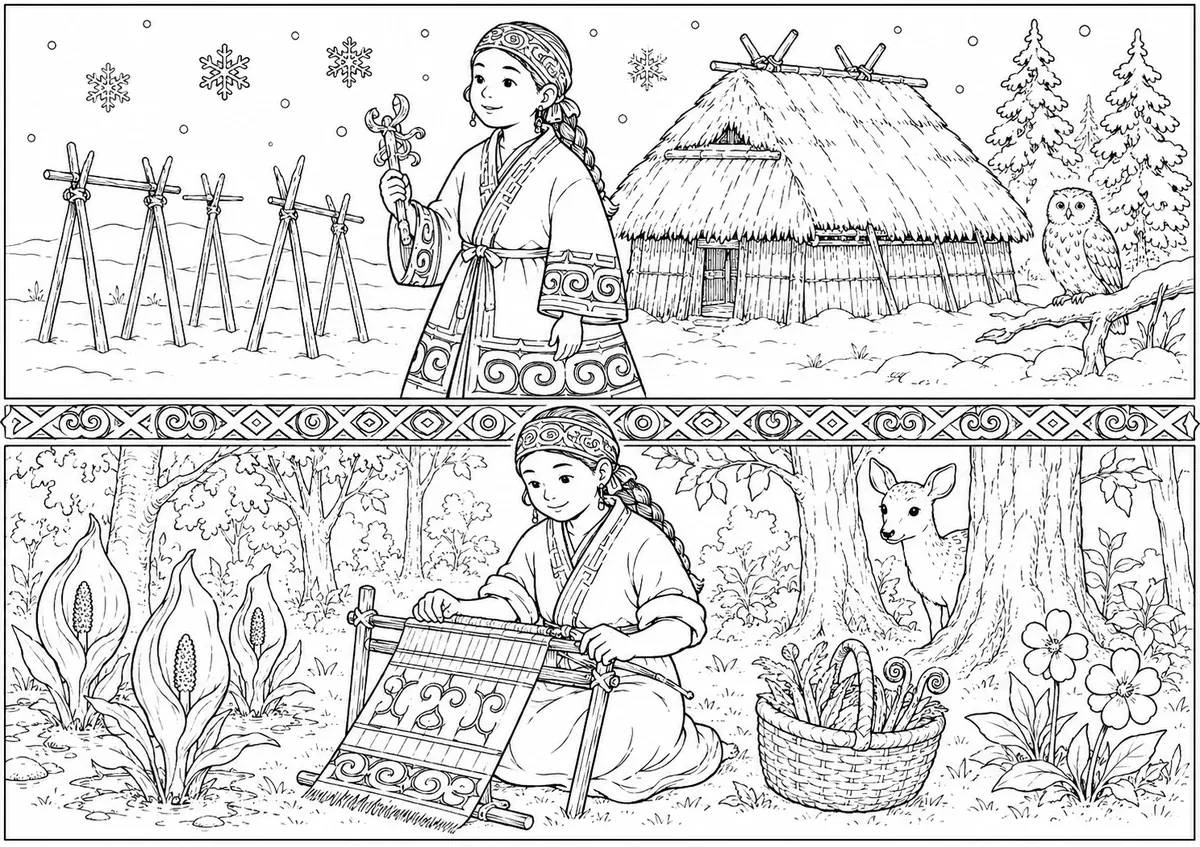 Diptychon einer Ainu-Frau im Attus-Mantel oben im Winter und unten beim Weben im Sommer