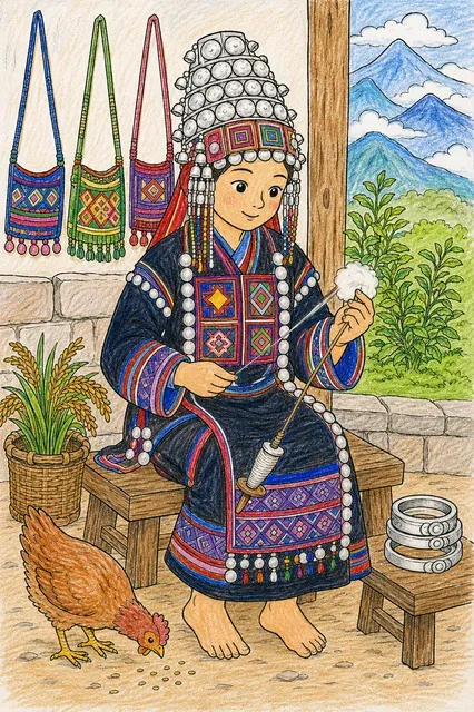 阿卡族女子戴银头饰纺棉