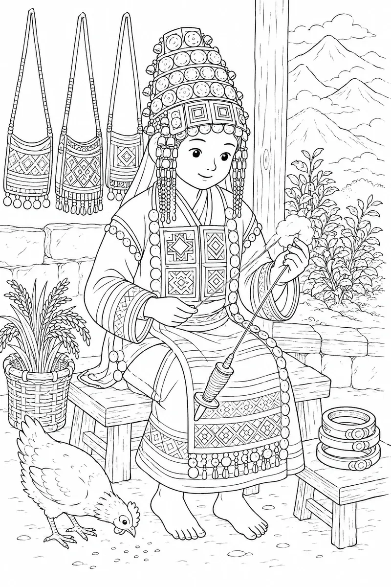 Akha-Frau mit traditionellem silbernen Kopfschmuck und bestickter Indigotunika spinnt Baumwolle mit Handspindel