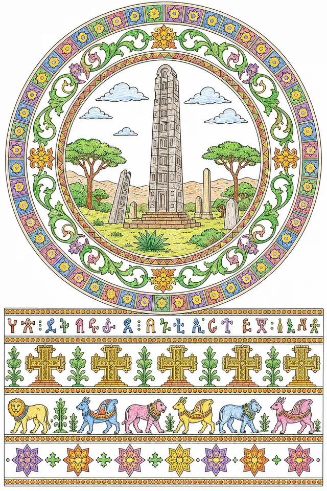 Aksum: stele false windows / Ge'ez abugida / Lalibela cross filigree / ibex horns rosette / stepped star border