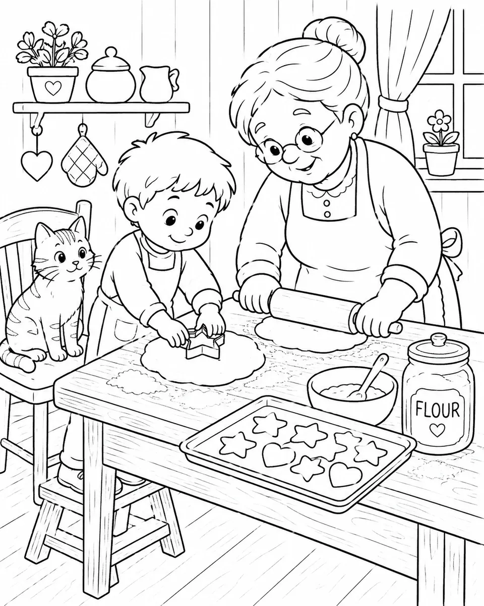 Ausmalbild eines Kindes das mit der Oma in der Küche Plätzchen backt