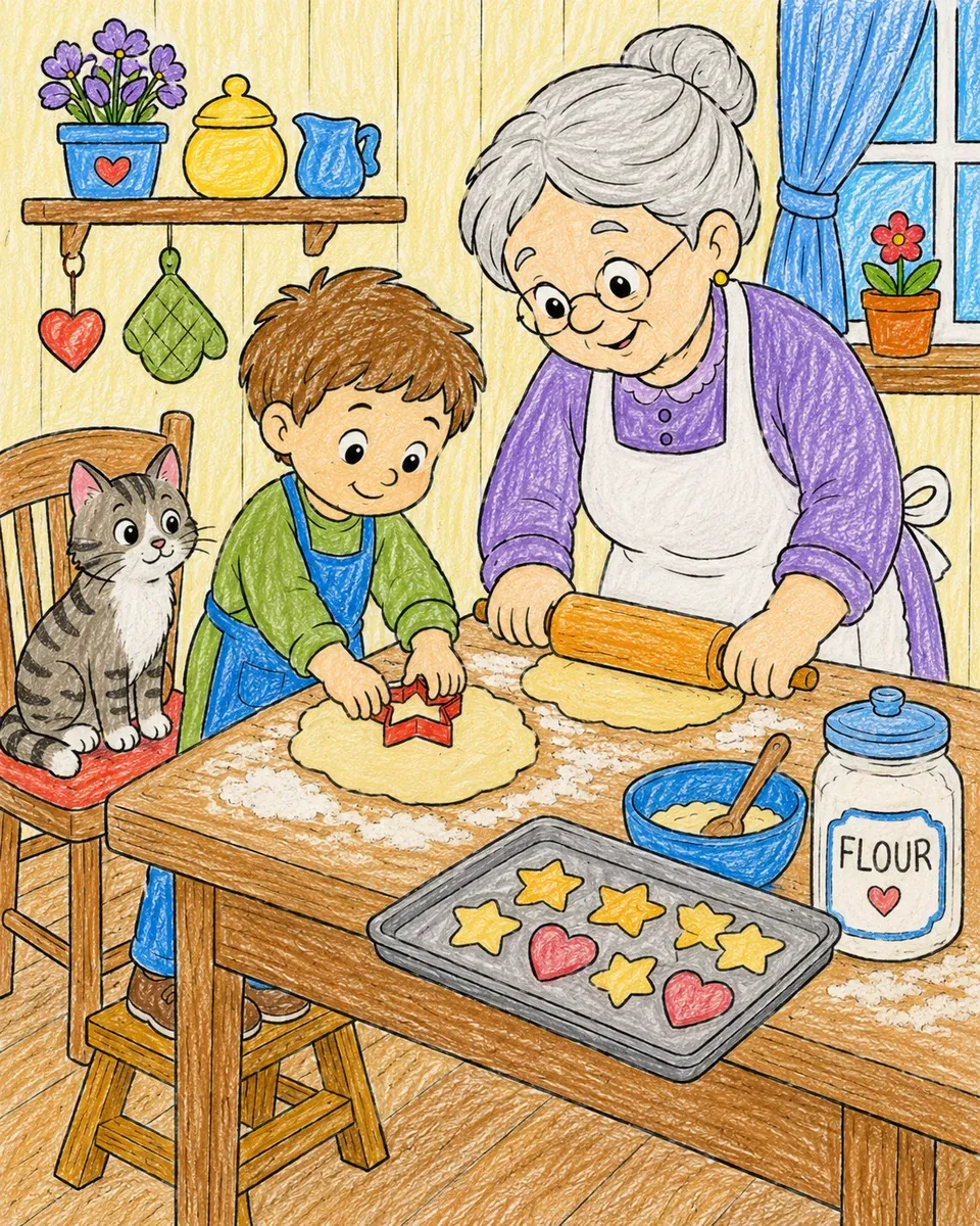 Kind backt Plätzchen mit der Oma