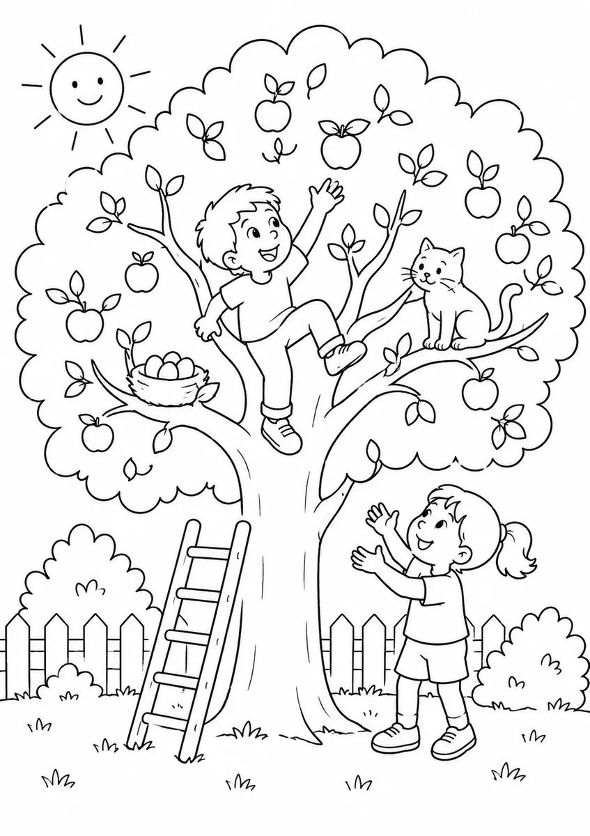 孩子爬苹果树伸手够苹果的涂色画