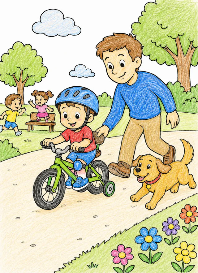 Ausmalbild eines Kindes das mit Stützrädern Fahrrad fahren lernt