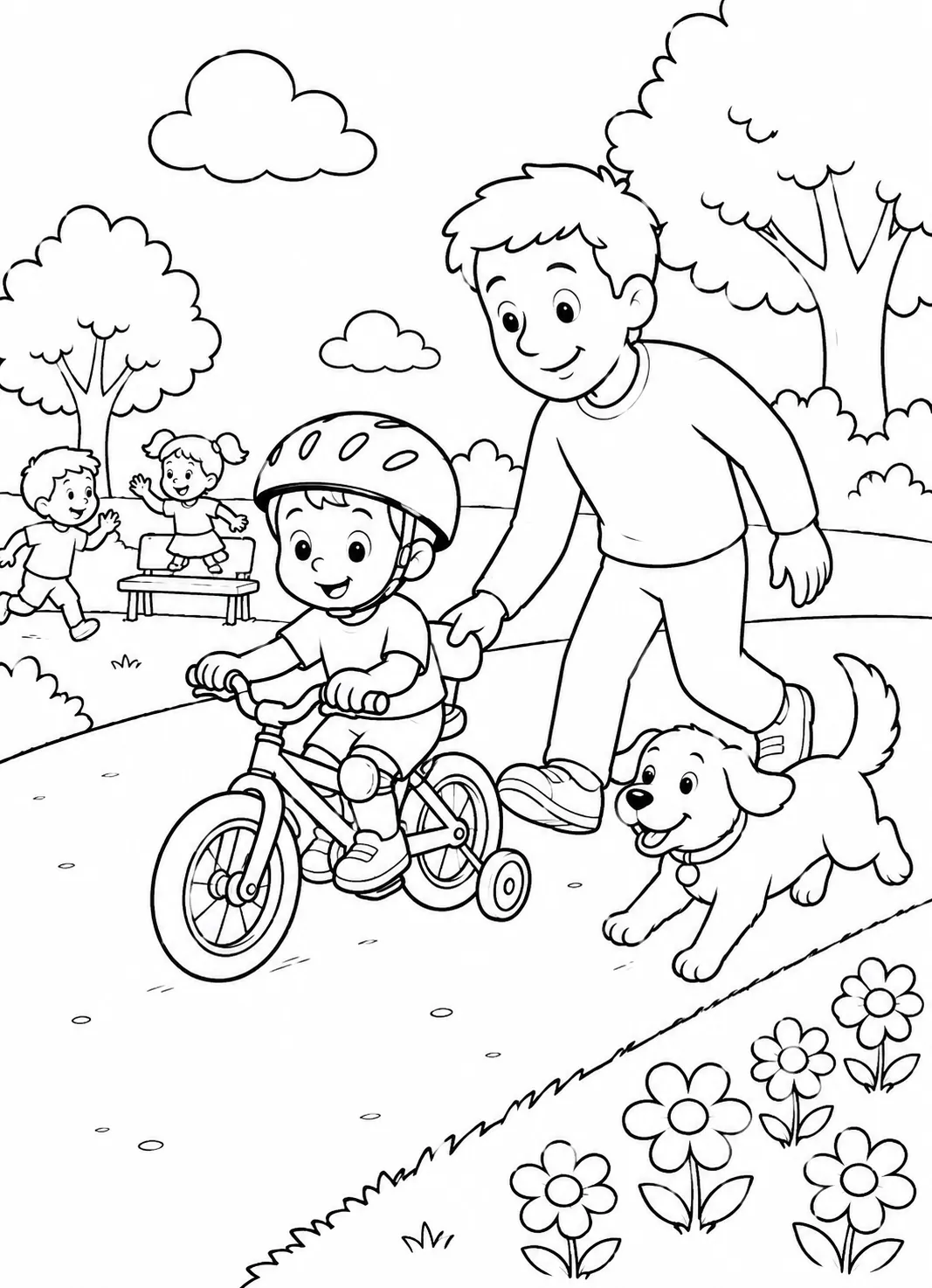孩子学骑带辅助轮自行车的涂色画