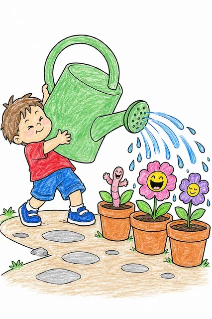孩子用太大的水壶给花浇水 – 涂色效果预览