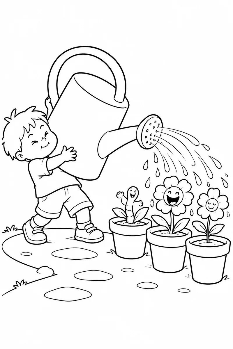 小孩子费力举起大水壶给花浇水的涂色画