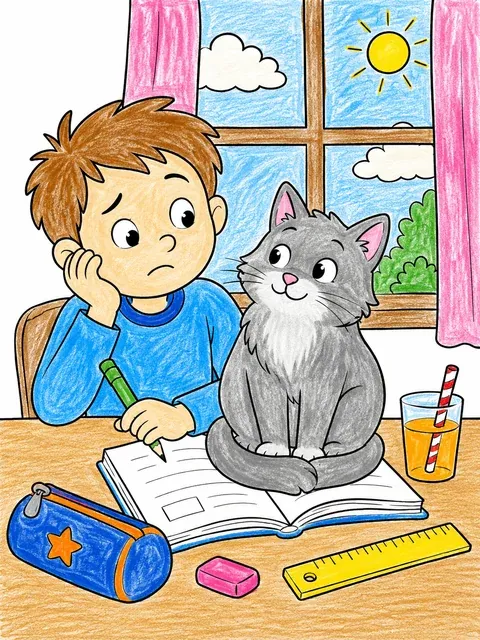 孩子做作业猫坐在书本上的涂色画
